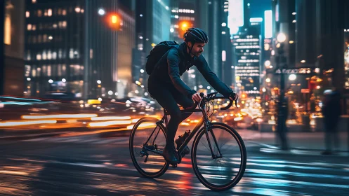 Urban Cyclist at Night: Motion-Blurred Cityscape with Dynamic Lighting.