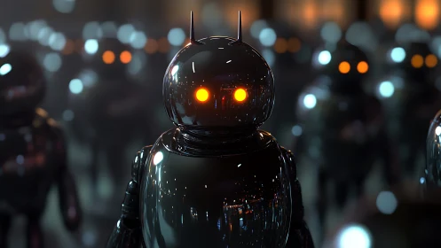 Friendly chrome robot glows warmly in a soft neon crowd.