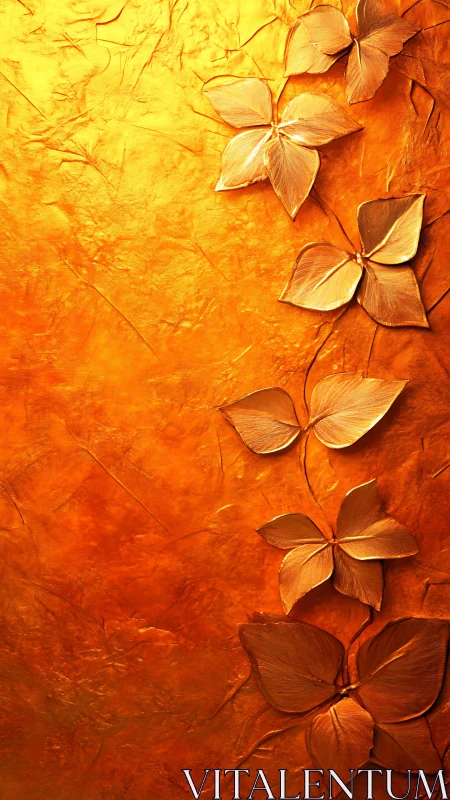 Golden floral relief climbs textured metallic background.