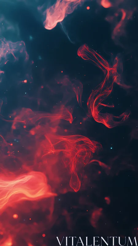 Glowing red smoke clouds floating against dark teal background with particle effects.