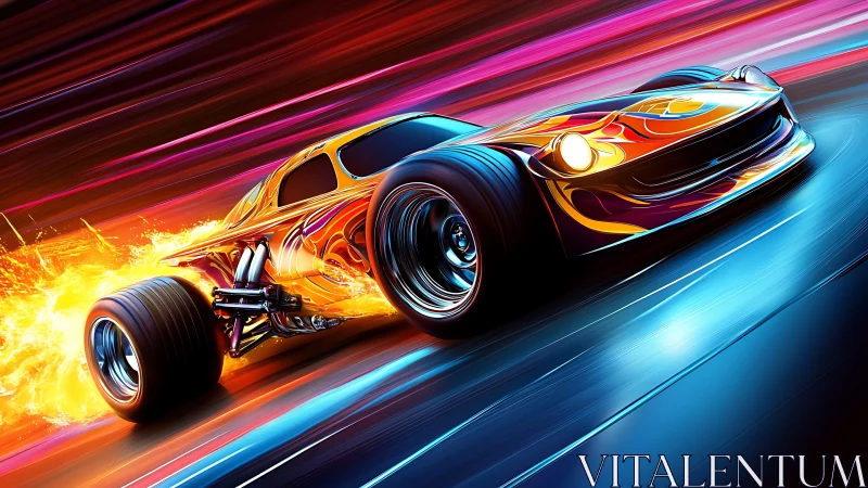 Flaming futuristic race car streaks through neon highway night.