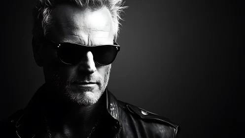 Monochrome portrait of man in sunglasses and leather jacket.