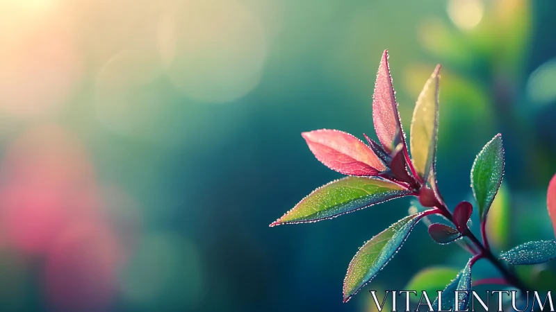 Sunlit dew on tender red and green leaves glows softly.