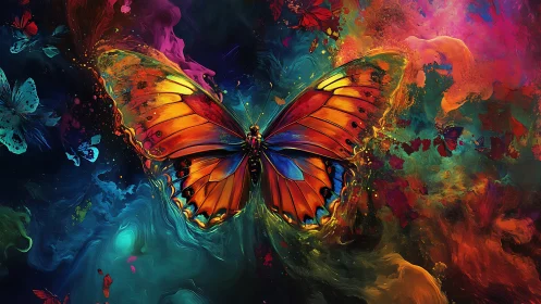 Vivid digital butterfly amid swirling neon color clouds.