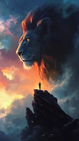 Majestic spectral lion watches lone figure at sunrise.