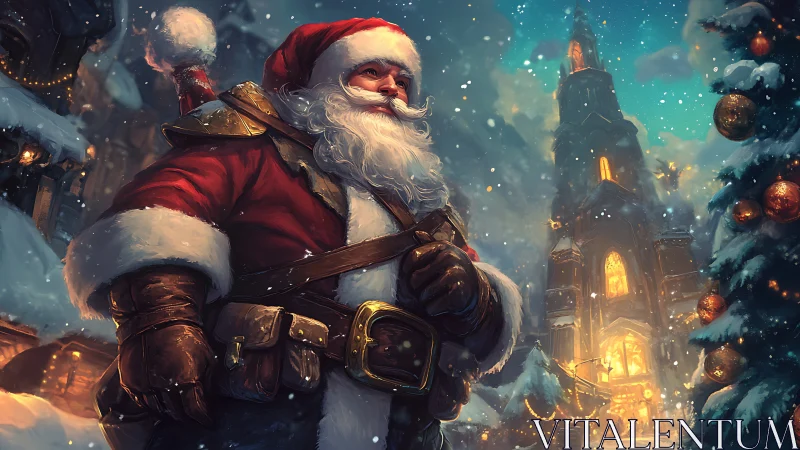 Armored Santa surveying a snowlit cathedral cityscape.