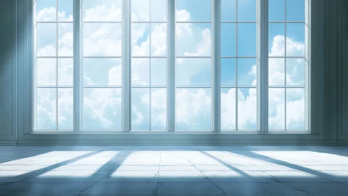 Sunlit marble interior with large gridded windows and soft cloudscape