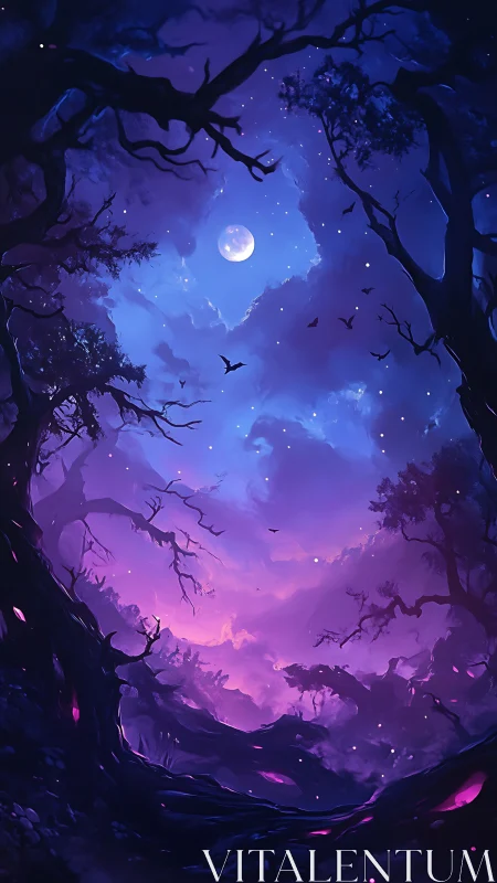 Lunar-illuminated spectral forest with bioluminescent canopy portal.