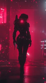 Neon-lit cybernetic operative walking through crimson corridor.