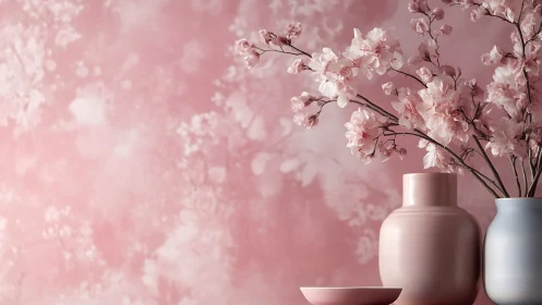Soft pink cherry blossoms in minimalist ceramic vases.