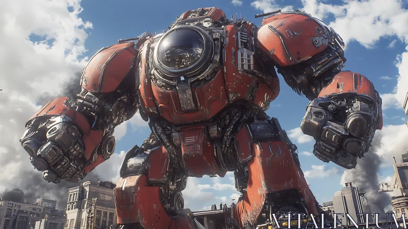 Giant red combat mech towers over damaged urban buildings