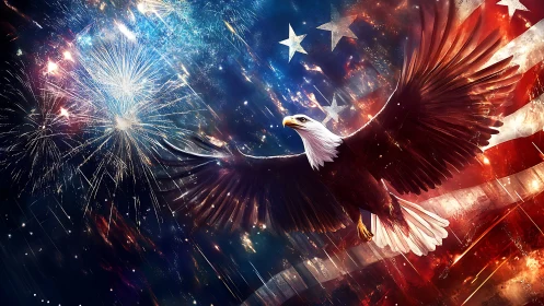 Bald eagle over US flag with fireworks in night sky.