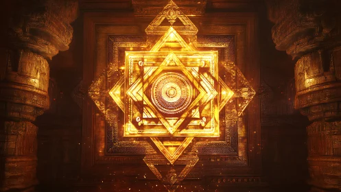 Radiant geometric mandala glows within ancient stone chamber