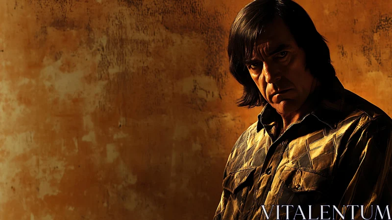 Brooding middle aged man against grungy orange wall.