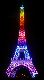 Spectral LED lattice on Eiffel Tower silhouette at night.