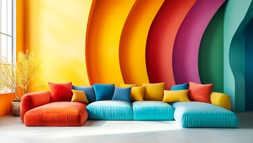 Modular rainbow sofa set against curved multicolor wall backdrop
