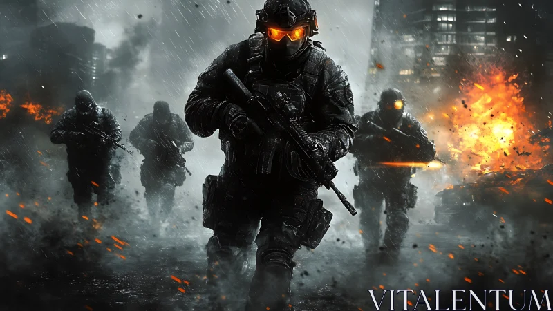 Armored soldiers charge through a burning urban warzone