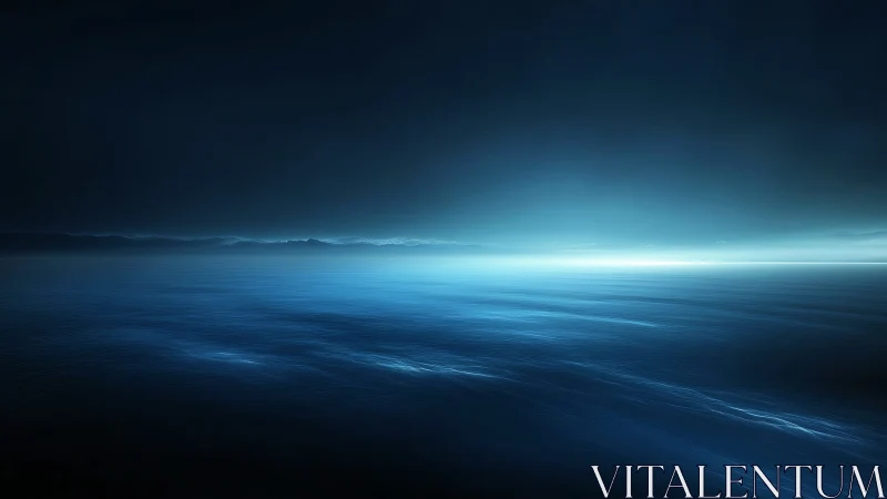 Luminous horizon over calm nocturnal sea in digital minimalism
