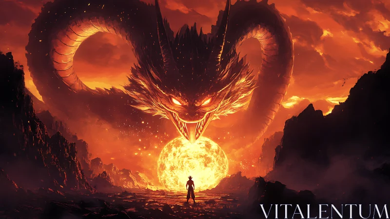 Volcanic wyrm encircling stellar core before lone figure.