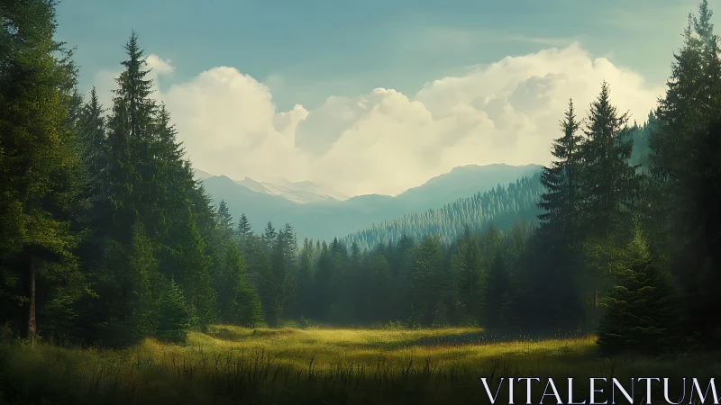 Mountain Valley with Evergreen Forest and Clearing.