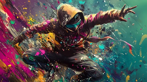 Street dancer in kinetic neon splatter digital painting.