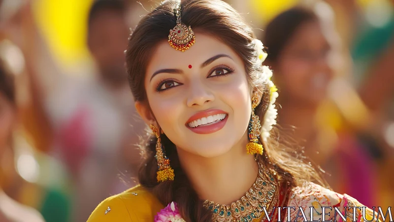 Smiling bride glows in vibrant traditional festival light.