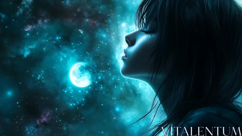 Profile of young woman against glowing blue cosmic sky.