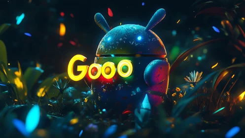 Glowing robot mascot illuminates a magical neon forest