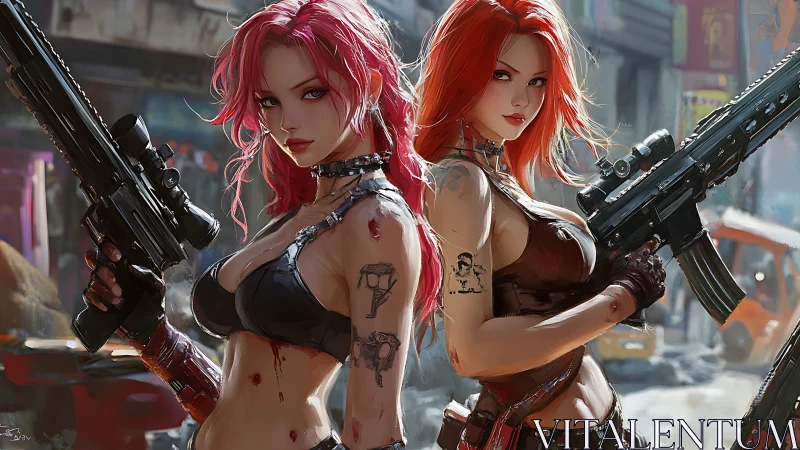 Twin gunfighters in gritty neon street showdown portrait.