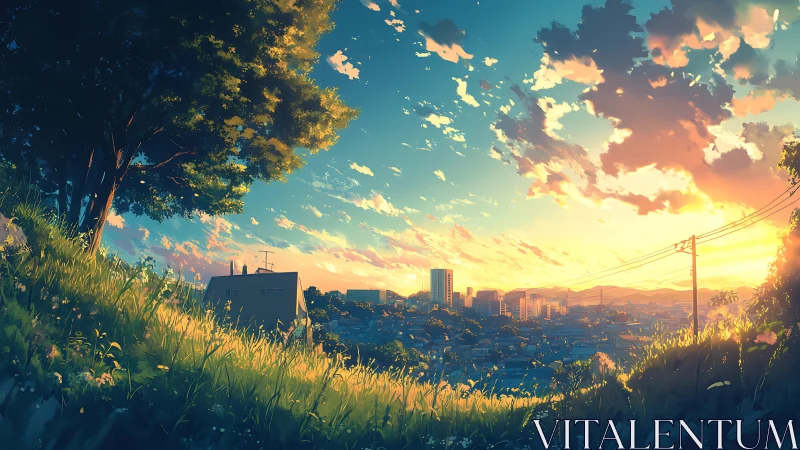 Hillside view of suburban city under low sunset sky.