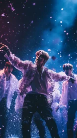 Stage performer captured mid-motion under bokeh confetti lighting