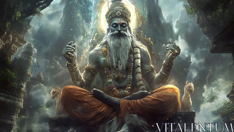 Mystic mountain sage in luminous meditative stillness.