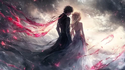 Starlit anime couple in swirling crimson ethereal ribbons