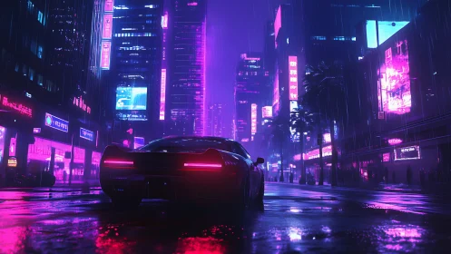 Neon supercar on cyberpunk city street in heavy rain.