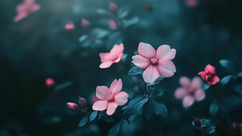 Delicate Pink Flowers Against Deep Teal Garden Backdrop