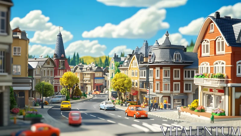 Colorful low-poly European town rendered with tilt-shift depth control