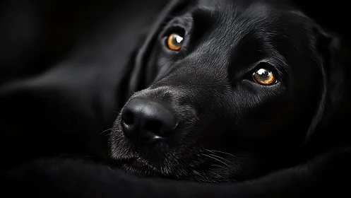 Close-up portrait of black dog with reflective amber eyes.