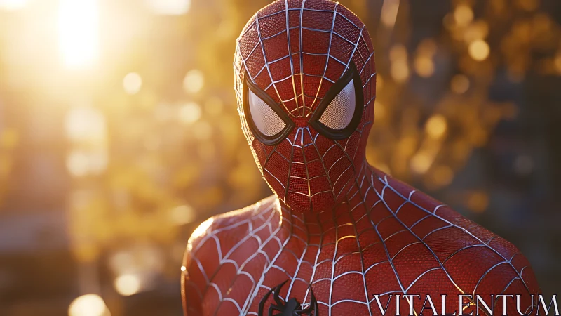 Spider-Man style hero in red suit at sunset outdoors.