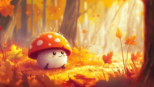 Cute mushroom creature rests in a glowing autumn forest clearing
