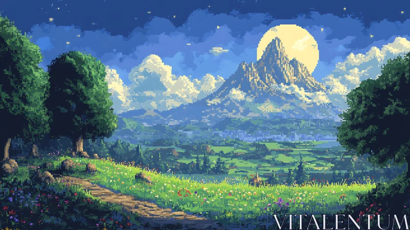 Moonlit pixel landscape with mountain and meadow path.