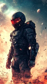 Armored space soldier walking through burning debris field.