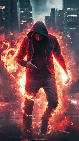 Hooded urban firewalker steps through city streets ablaze.