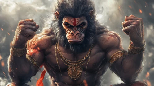 Mythic warrior ape unleashes power amid burning storm