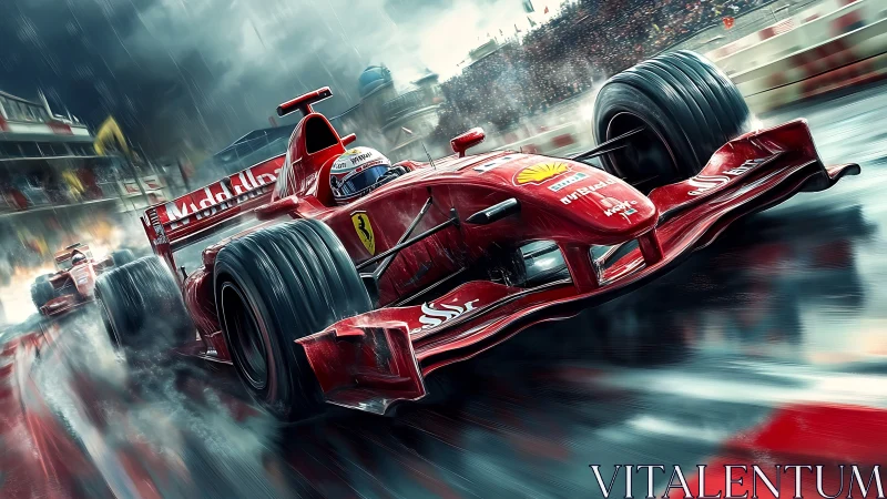 Red Formula race car powers through wet circuit corner at speed