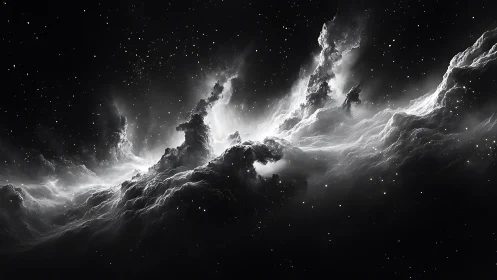 Monochrome interstellar cloudscape with dense star field.
