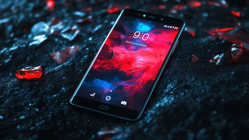 Smartphone on dark textured ground with red glass shards.