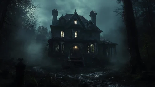 Old gothic mansion in misty nighttime forest setting.