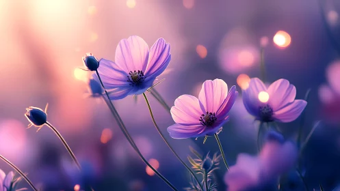 Pink cosmos flowers bloom with backlit bokeh luminescence in soft focus.