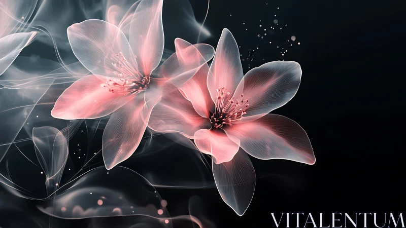 Luminous Pink Flowers Against Black Void.