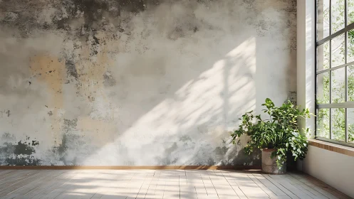 Sunlit textured interior wall with potted plant in corner